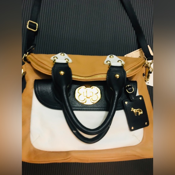NWT Emma Fox Genuine Leather Tan Black Colorblock Crossover Shoulder Bag - Picture 5 of 10